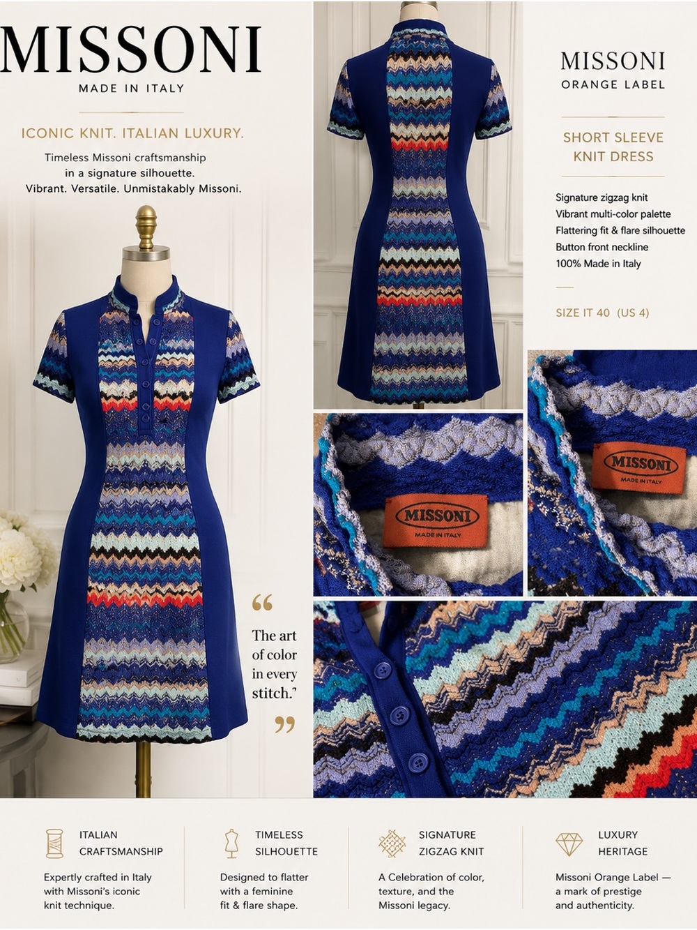 Missoni Blue Multicolor Zigzag Short-Sleeve Knit Dress